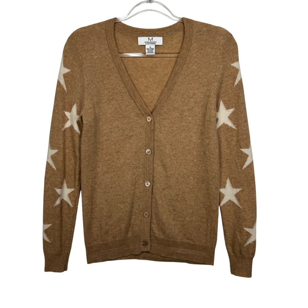 Magaschoni Cashmere Cardigan Womens M Camel Brown Excellent Star Sleeve‎ V-Neck